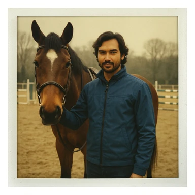 Create a Polaroid-style image of a person standing next to a horse on a horse course, wearing a blue jacket. Include a classic Polaroid white frame with a slightly vintage, faded photo effect. sticker