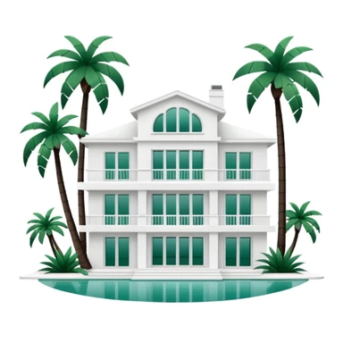white luxurious villa with dark green palm trees in the foreground, minimalism, no emojis or faces, white background sticker