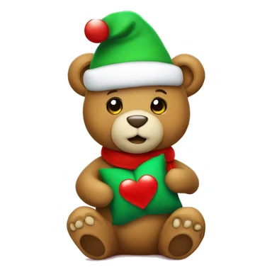 Christmas bear wearing christmas hat in red with holding green heart with two hands. Be cute sticker