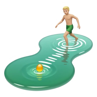 Create a minimalistic 3D emoji-style icon in a modern iPhone-like emoji aesthetic. Glossy rounded 3D surfaces, soft reflections, white background. Theme: Ice bathing in a natural pool. Show a simplified natural pool with green-tinted water and a stylized neutral figure stepping into the cold water. sticker