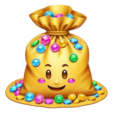 loot bag overflowing with coins and gems, symbolizing resources and rewards, modern emoji style sticker