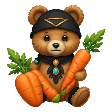 teddy bear, wearing black mayan ancient custome, with carrot sticker