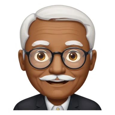 an elderly man with medium-dark skin tone, bald on top with short white hair at the sides, thick white eyebrows, large brown eyes, and wears black-framed glasses.
A small white beard sticker