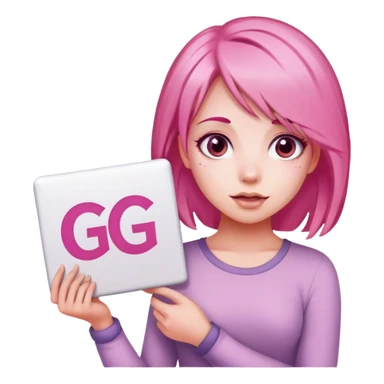 girl with pink hair, big sign, sign says "GG" sticker