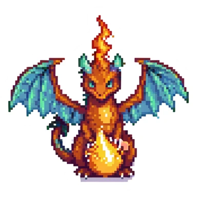 pixel art dragon with tiny wings, breathing a small flame sticker