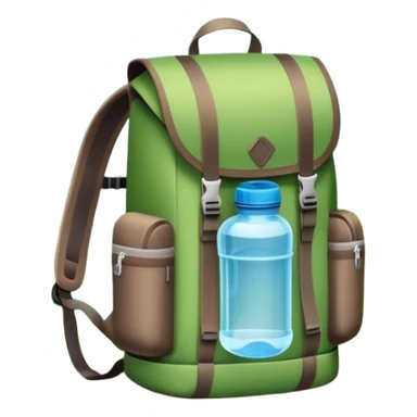 Icon for Ecotourism: a lightweight hiking backpack with a reusable water bottle, placed against a backdrop of lush green nature, with trees and a scenic trail. The icon should represent eco-friendly travel and the beauty of the outdoors. Transparent background. sticker