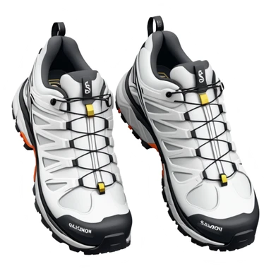 Pair of white Salomon XT-6 Gore-Tex shoes arranged with one slightly behind the other, iOS emoji style with simplified details, technical white hiking shoes with characteristic Quicklace system sticker