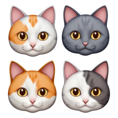 4 different coloured short haired cats including; a dark brown and white cat, and a dark grey and white, and a calico sticker