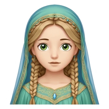 Joven de unos 20 años, de aspecto dulce y elegante.
Piel clara, ojos expresivos (pueden ser azules o verdes)
Rubio o castaño claro, largo, con trenzas o velo.
Vestido largo de tonos suaves (blanco, azul o lavanda), con bordados dorados; un manto o toca fina cubriendo la cabeza. sticker