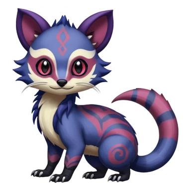 Rare warm-colored exotic gloomy tropical edgy cute epic aesthetic spooky indigo purple white black red gothic colorful Salandit-Furret-Espurr-Meowstic-Civet-species-Fakemon-hybrid-creature, with tribal tattoo markings, full body sticker
