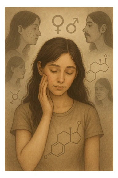 A young woman is surrounded by faint overlays of hormonal symbols and androgen molecules, with shadowy images of acne, facial hair, and oily skin projected around her, symbolizing the symptoms of PCOS with androgen excess. She looks down, gently touching her face with a resigned but hopeful expression, symbolizing her journey toward managing these symptoms. sticker