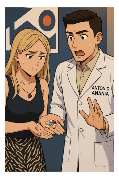 fai un webtoon/manga a colori con questo kinesiologo in camice bianco (fagli la scritta "ANTONIO ANANIA" SUL CAMICE) CHE PARLA CON QUESTA RAGAZZA. LA RAGAZZA HA UN PUGNO DI INTEGRATORI IN MANO (TANTE PILLOLE DIVERSE) E LE GUARDA DUBBIOSA. IL KINESIOLOGO CON IL CAMICE BIANCO LE DOMANDA UNA COSA SCIOCCATO. NON FARE I FUMETTI, FAI SOLO LORO COME SE DIALOGASSERO sticker