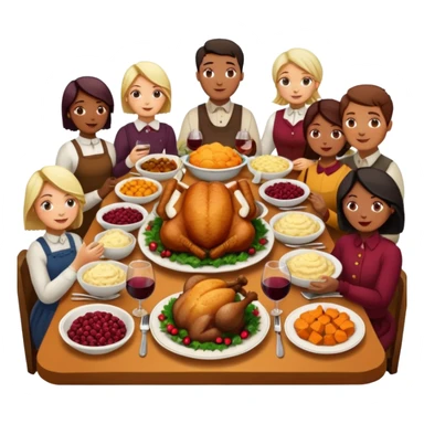 Thanksgiving Dinner with 10 people of different skin color around the table; have the food be a cooked turkey, mashed potatoes, corn, a basket of biscuits, a small bowl of cranberry sauce, baked yams, steamed vegetables, and a bottle of wine. sticker