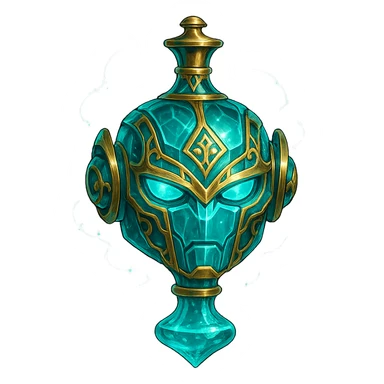 crystal luxurious elixir bottle in the shape of a robot head, cyan color, lots of glowing, edges, ornaments, golden details, magical effects, very small golden neck, transparent background, beautiful merging bottom, clearly floating in the air, no base or shadow, very luxurious, futuristic, matching the collection sticker