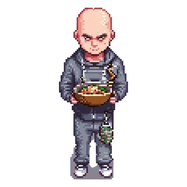 Pixel art thug in tracksuit, holding chain in Hand, bald head, angry expression, side view, retro arcade sprite 
Takes a plate of noodles in hand.  sticker