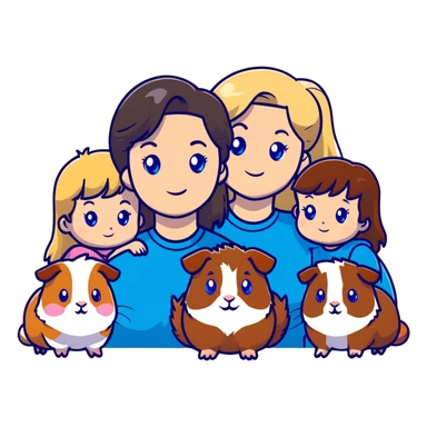 Family portrait with father with dark brown hair and blue eyes, mother with light brown hair and blue eyes, three blonde little girls with blue eyes, plus a grey cat and two guinea pigs sticker