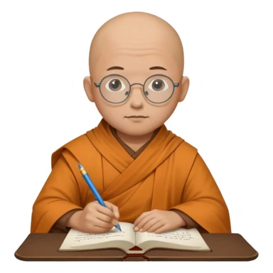 A bald scholar monk with round glasses, writing notes with quiet concentration.
 sticker