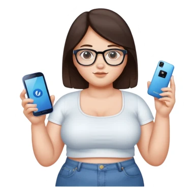 chica adolescente gordita ,pelo castaño oscuro,crop top blanco ,jeans vaqueros, espejuelos y un celular samsumg en su mano izquierda  sticker
