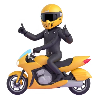 A motorcyclist in a black helmet with a golden visor flipping the bird sticker