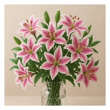 twelve french beaded pink stargazer lilies arranged in a transparent vase, sparkling beads, pink flowers with white accents, green leaves, delicate craftsmanship, soft background sticker