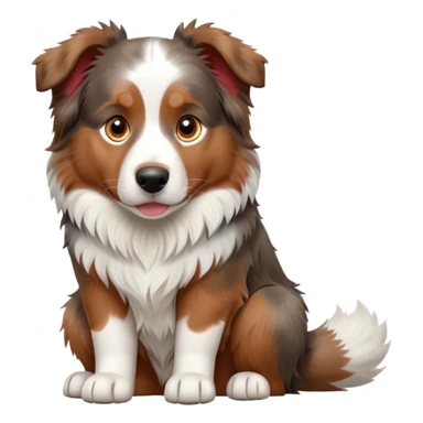 cinematic-[australian shepherd dog]-realistic-full-body-sitting-emoji,-tail-resting-loosely-beside-its-paws,-head-tilted-dramatically,-scruffy-[white and red merle]-fur,-simplified-yet-realistic-focused-features,-highly-detailed,-glowing-with-an-almost-sarcastic-glow sticker