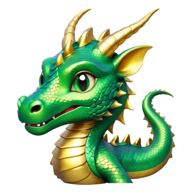 Cinematic Cute Dragon Portrait Emoji, Head tilted playfully and inquisitively, featuring a sleek, serpentine form adorned with iridescent scales that shift between emerald and gold, a delicate set of subtle horns, and round, sparkling eyes full of curious magic; rendered with realistic detail and warm natural light, high shine, affectionate and enchanting, styled with a touch of whimsical fantasy, soft glowing outline, capturing the essence of a mischievous yet lovable dragon that seems poised to slither playfully into your arms! sticker
