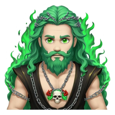hades greek god with green flames and beard with chains on his arms and neck, Long wavy hair. He has some skull accessories Dynamic pose sticker