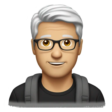 white man with short brown-gray hair, brown eyes, and glasses wearing a black t-shirt sticker