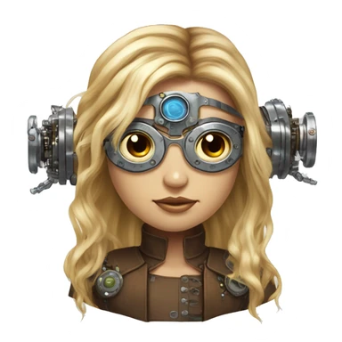 Brown long hair with blonde steaks female cyborg head, fair skin, steampunk goggles and circuits sticker
