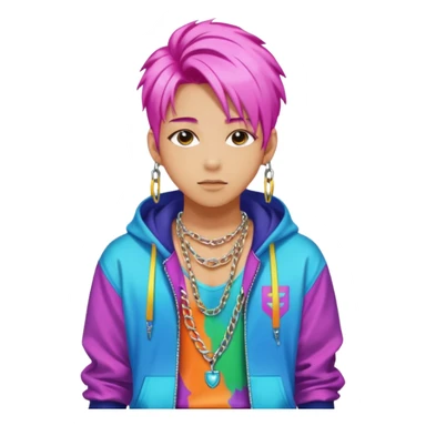 portrait of young idol in Kpop style, wearing flashy streetwear outfit, colorful dyed hair, confident pose, accessorized with chains  sticker