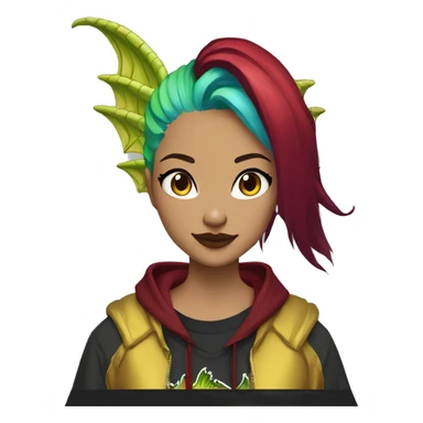 Lady with brunette and iridescent blue hair, gold, lime green dragon wings, maroon hoodie, 420, black and gold Nike t shirt, and bright red eyes sticker