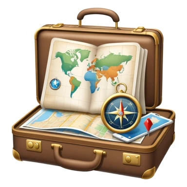 An icon featuring a suitcase, hotel building, symbolizing the scientific study of tourism and hospitality. The design includes a map, a compass, and a checklist, representing travel planning and service management. Transparent background highlights the academic exploration of the tourism industry. sticker