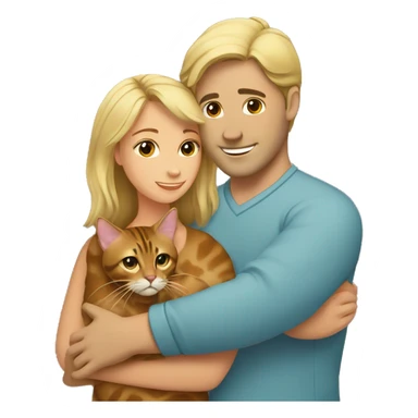 A blond man hugs a brown-haired woman and a bengal cat sticker