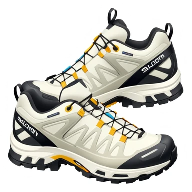 Minimalist iOS-style emoji of white Salomon XT-6 Gore-Tex shoes positioned as a pair with one behind the other, simple clean lines but recognizable technical hiking shoe details sticker