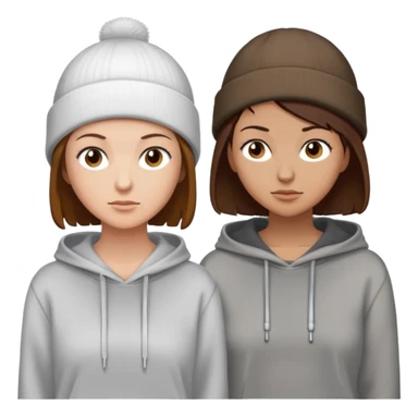 extremely short haired brunette white woman standing face to face with a very short haired brunette haired woman. Both women are wearing beanies and hoodies sticker