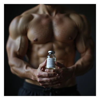 realistic photo of a serious crossfit athlete showing a vial labeled 'Oxandrolone', defined muscles, intense light, gym background sticker