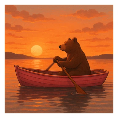 pink rowing boat with a bear rowing, sunset background sticker