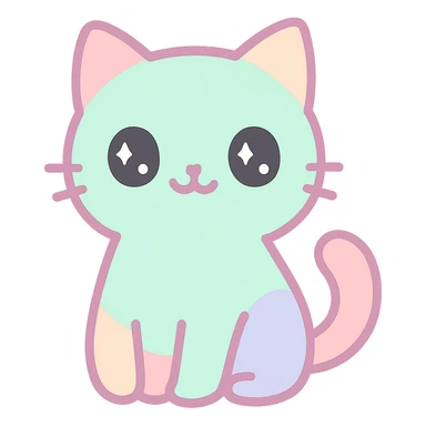 {
  "style_description": {
    "overall_look": "Cute, minimal, and soft with a friendly and playful tone",
    "material_simulation": {
      "primary_material": "flat digital color",
      "texture_detail": "smooth surfaces with no texture or shading",
      "pattern": "none or very simple decorative accents (e.g., hearts, stars)"
    },
    "geometry": {
      "edge_style": "rounded, soft curves with no sharp angles",
      "dimensionality": "flat two-dimensional appearance with simple shapes"
    },
    "color_palette": {
      "scheme": "pastel and light tones",
      "preferred_colors": ["pink", "mint", "lavender", "baby blue", "peach"],
      "contrast": "low contrast with bright accents"
    },
    "facial_features": {
      "eyes": "large, sparkly, often oval or circular",
      "mouth": "small, often a simple curve or dot",
      "expression": "joyful, innocent, or calm"
    },
    "lighting": {
      "type": "none or implied with soft highlights",
      "purpose": "maintain a clean and cheerful look"
    },
    "render_constraints": {
      "avoid": ["realistic shading", "high detail", "dark themes", "texture noise"],
      "focus_on": ["cute expression", "iconic simplicity", "emotional warmth"]
    },
    "background": {
      "color": "white or soft pastel",
      "style": "plain or patterned with simple icons (e.g., polka dots, stars)",
      "lighting_consistency": "no shadows, evenly lit feel"
    }
  }
}

{subject} = cat sticker