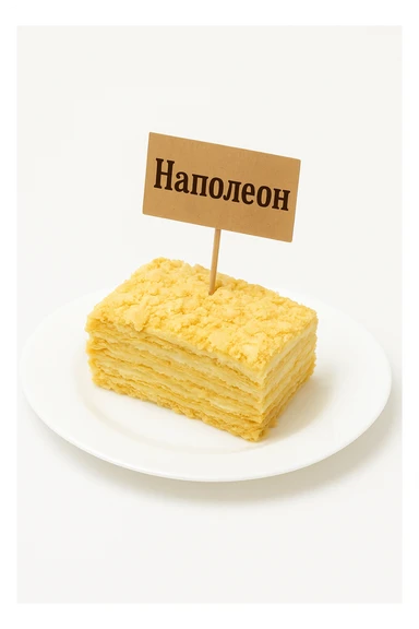 Сгенерируй мне такую же тарелку с кусочком наполеона, но что в нем торчала шпашка и на ней было написанно Наполеон  sticker