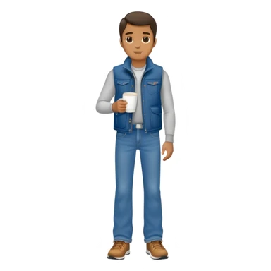 full body man with plain puffy vest with no pockets over long sleeved shirt wearing straight levi boot cut levi blue jeans with no cuffs and tennis shoes holding coffee mug in his hand sticker