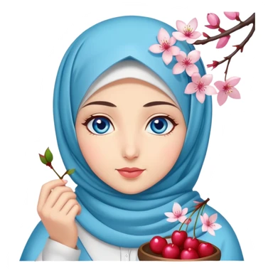 Turkish beautiful finish Konya girl blue eyes with hijab islamic dress and had on her hand cherry blossom sticker