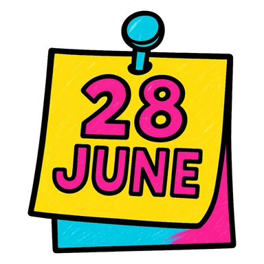 a sticky note with a pushpin, text '28 June', vibrant and playful, pop colors style sticker