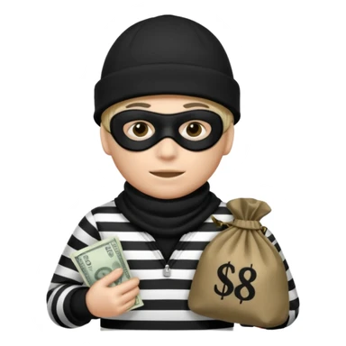 A emoji of a person wearing a black and white robber outfit and a black winter hat and a black mask and a Money Bag sticker