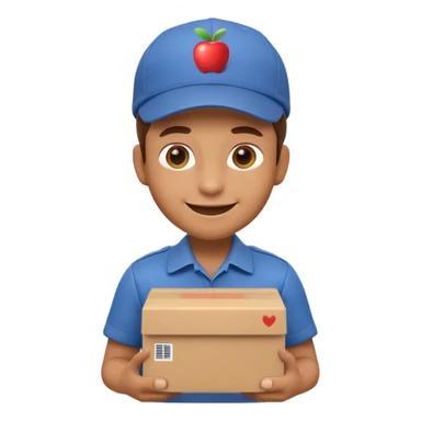 3D Apple-style emoji of a delivery worker holding a cardboard package. Wearing a cap and uniform shirt, smiling expression. Rounded, glossy, smooth, soft shadows, white background.




 sticker