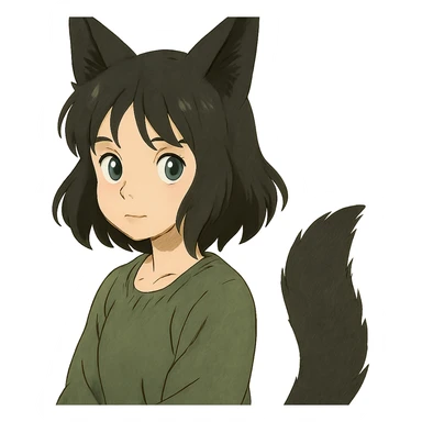a girl with black fox ears and a tail, green eyes, dark hair sticker