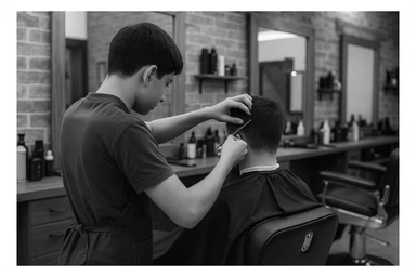 yuzi ko'rinmasin sartaroshxonada ishlayotganini tasvirlab ber mijozlarni sochini olayotganini o'smirin davrini sticker