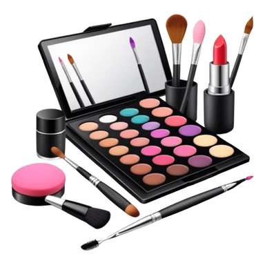 icon featuring professional makeup brushes, a high-quality lipstick, a big sleek eyeshadow palette, a makeup sponge and a set of tools like tweezers and eyeliner pencil. The design highlights the precision and artistry of makeup with detailed textures and realistic lighting. Transparent background. sticker