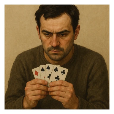 a durak card player, focused, holding cards close, simple background sticker