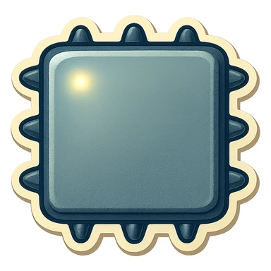 Make all spikes on the side edges of the metal slab short, fat, and triangular. Each spike should point directly up, down, left, or right (perpendicular to the edge it is on). Keep the head-on view, retro sticker style, and transparent background. sticker