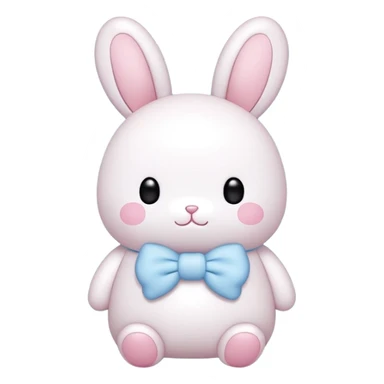 A fat bunny in authentic Sanrio style exactly like Hello Kitty and My Melody, super simplified features, extremely kawaii, tiny body with oversized head, minimal dot eyes, no nose, tiny simple mouth, pastel pink and baby blue colors, clean bold black outlines sticker
